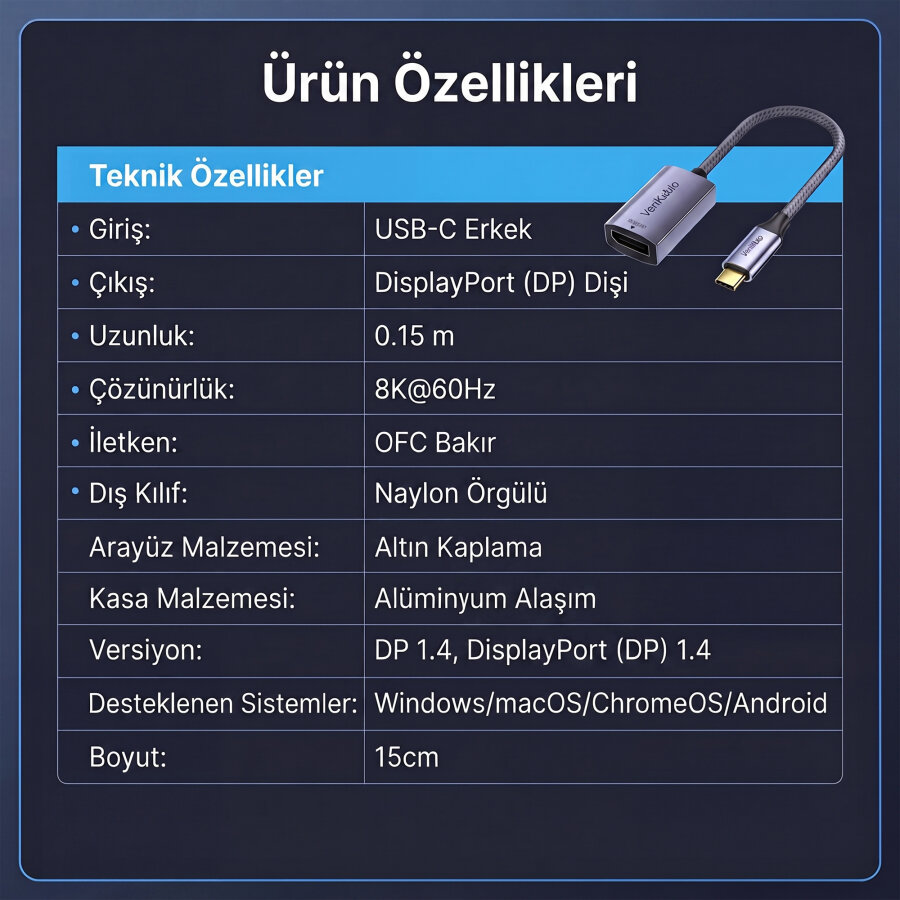 Veggieg Type-C to DisplayPort (DP) 8K 60Hz OFC Bakır Çevirici Dönüştürücü Adaptör - 8