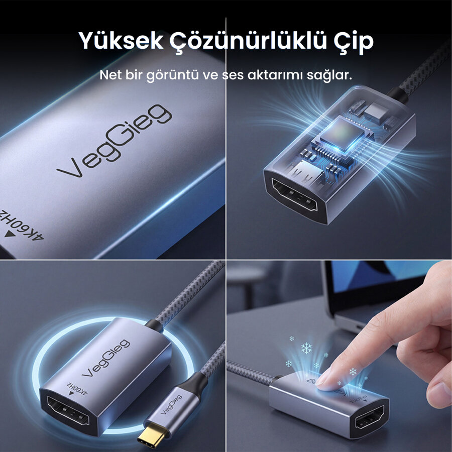 Veggieg Type-C to HDMI 4K 60Hz OFC Bakır Çevirici Dönüştürücü Adaptör - 2