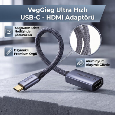 Veggieg Type-C to HDMI 4K 60Hz OFC Bakır Çevirici Dönüştürücü Adaptör - 6
