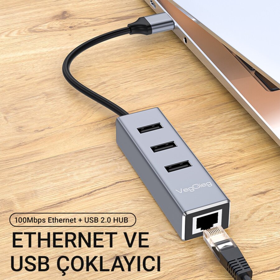 Veggieg USB 2.0 to 100Mbps RJ45 Ethernet LAN Çevirici ve 3 Portlu USB 2.0 Hub Çoklayıcı Adaptör - 2