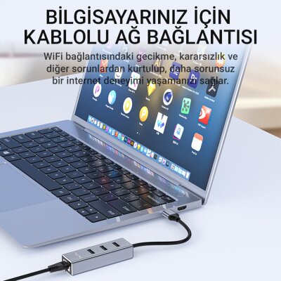Veggieg USB 2.0 to 100Mbps RJ45 Ethernet LAN Çevirici ve 3 Portlu USB 2.0 Hub Çoklayıcı Adaptör - 4