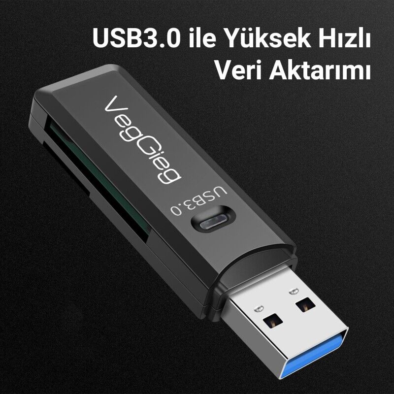 VegGieg USB 3.0 SD ve Micro SD Hafıza Kart Okuyucu Siyah - 3