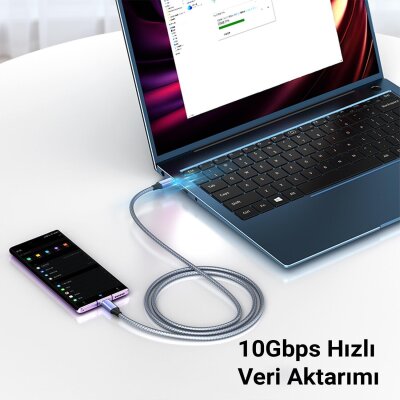 Veggieg USB 3.1 Gen 2 100W PD Type-C to Type-C Kablo 10Gbps Veri 4K@60Hz Görüntü ve Hızlı Şarj Desteği 1 Metre - 3