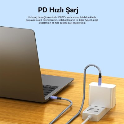Veggieg USB 3.1 Gen 2 100W PD Type-C to Type-C Kablo 10Gbps Veri 4K@60Hz Görüntü ve Hızlı Şarj Desteği 1 Metre - 4