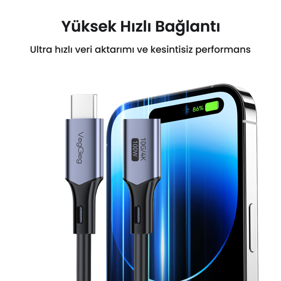 Veggieg USB 3.2 Gen 2 Type-C Uzatma Kablosu USB-C 100W 10Gbps 4K 60Hz 3 Metre - 2