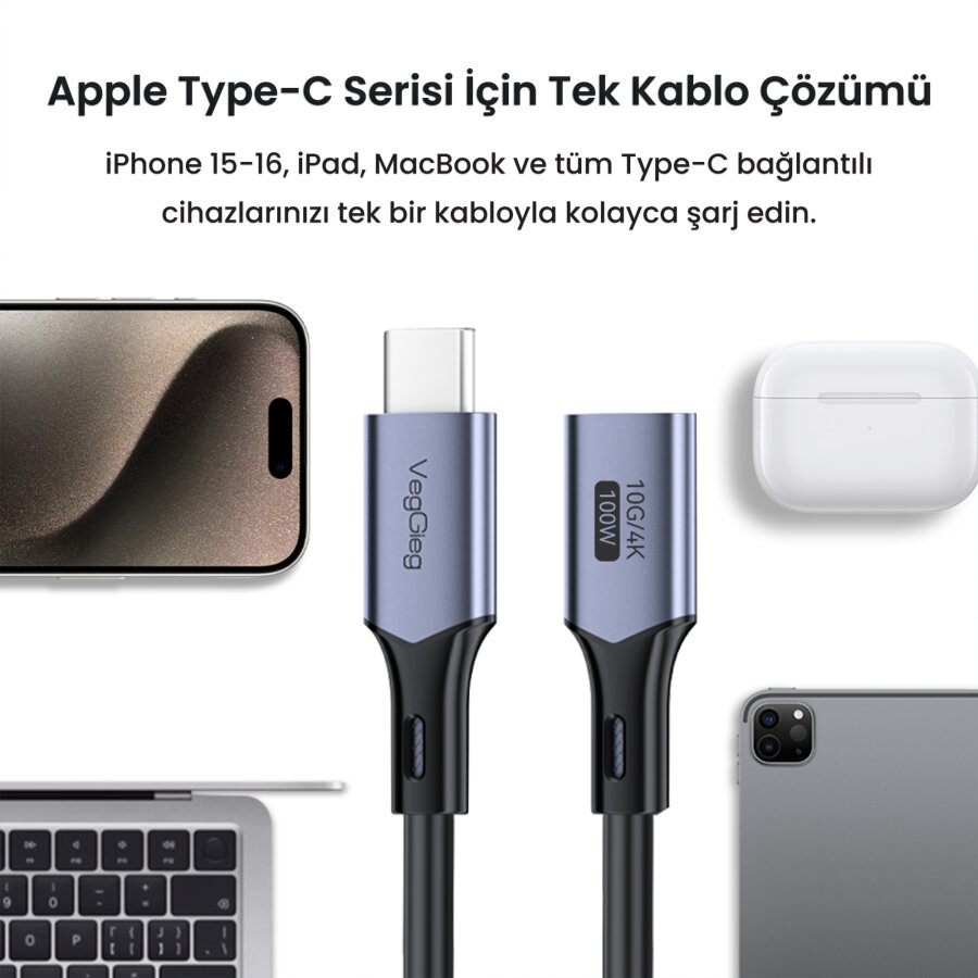 Veggieg USB 3.2 Gen 2 Type-C Uzatma Kablosu USB-C 100W 10Gbps 4K 60Hz 3 Metre - 6