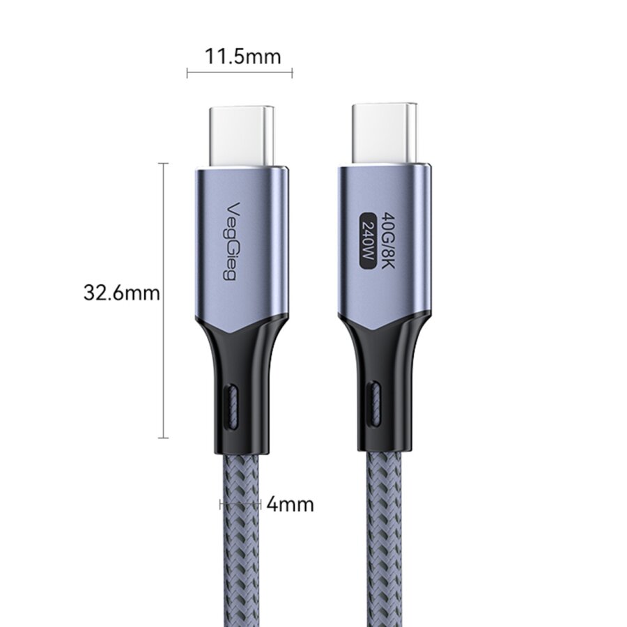 Veggieg USB 4.0 240W PD 40Gbps 8K 60Hz E-Mark Çipli Thunderbolt 4 Uyumlu Type-C to Type-C Görüntü Hızlı Şarj ve Data Aktarım Kablosu 1 Metre - 4