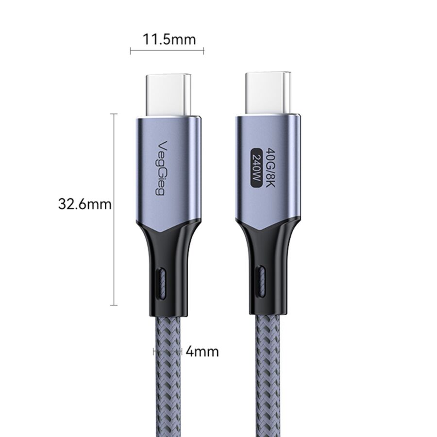 Veggieg USB 4.0 240W PD 40Gbps 8K 60Hz E-Mark Çipli Thunderbolt 4 Uyumlu Type-C to Type-C Görüntü Hızlı Şarj ve Data Aktarım Kablosu 2 Metre - 4