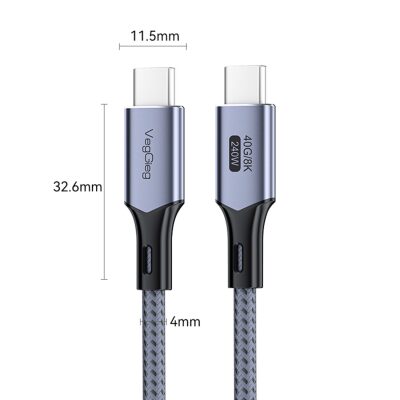 Veggieg USB 4.0 240W PD 40Gbps 8K 60Hz E-Mark Çipli Thunderbolt 4 Uyumlu Type-C to Type-C Görüntü Hızlı Şarj ve Data Aktarım Kablosu 2 Metre - 4