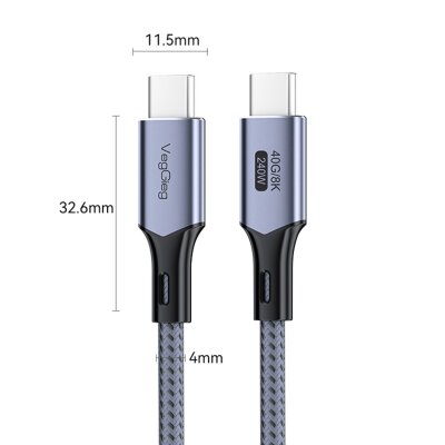 Veggieg USB 4.0 240W PD 40Gbps 8K 60Hz E-Mark Çipli Thunderbolt 4 Uyumlu Type-C to Type-C Görüntü Hızlı Şarj ve Data Aktarım Kablosu 50 CM - 4