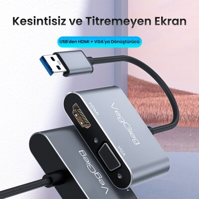 VegGieg USB-A to 4K 30Hz HDMI ve 1080P 60Hz VGA Görüntü Çevirici Kablo - 2