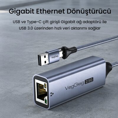 VegGieg USB-A ve Type-C 2.5G Gigabit Ethernet Dönüştürücü Ağ Adaptörü - 2