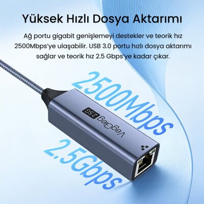 VegGieg USB-A ve Type-C 2.5G Gigabit Ethernet Dönüştürücü Ağ Adaptörü - 4
