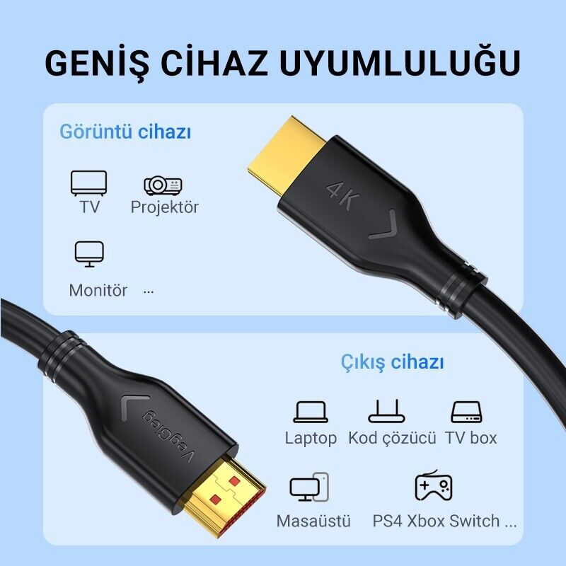 Veggieg V-H109 18Gbps HDR 4K 60Hz 3D Destekli HDMI 2.0 Kablo 5 Metre - 5