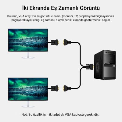 Veggieg VGA Splitter Kablo 1 Erkek to 2 Dişi Görüntü Çoklayıcı Ayırıcı Y Adaptör - 3
