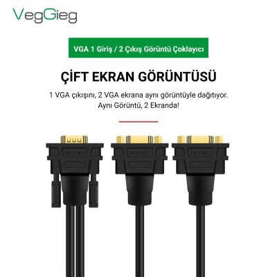 Veggieg VGA Splitter Kablo 1 Erkek to 2 Dişi Görüntü Çoklayıcı Ayırıcı Y Adaptör - 2