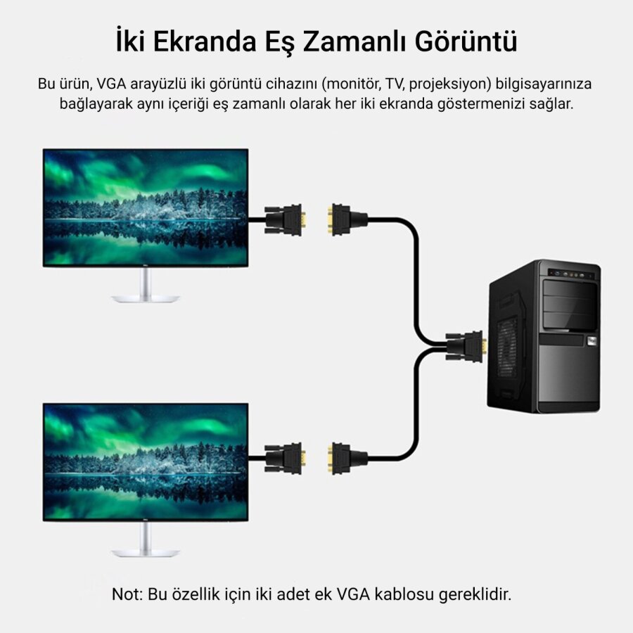 Veggieg VGA Splitter Kablo 1 Erkek to 2 Dişi Görüntü Çoklayıcı Ayırıcı Y Adaptör - 3