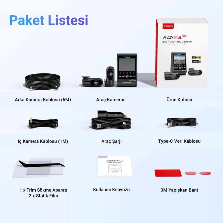 Viofo A229 Plus 3 Kameralı Ön-İç-Arka 2K+2K+1080P HDR Sony Starvis 2 WiFi GPS’li Araç Kamerası - 7