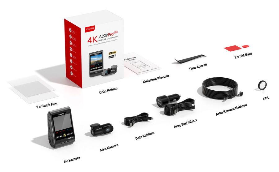 Viofo A229 Pro 2 Kameralı Ön+Arka 4K+2K HDR Sony Starvis 2 Sensörlü Wi-Fi GPS'li Araç Kamerası - 6