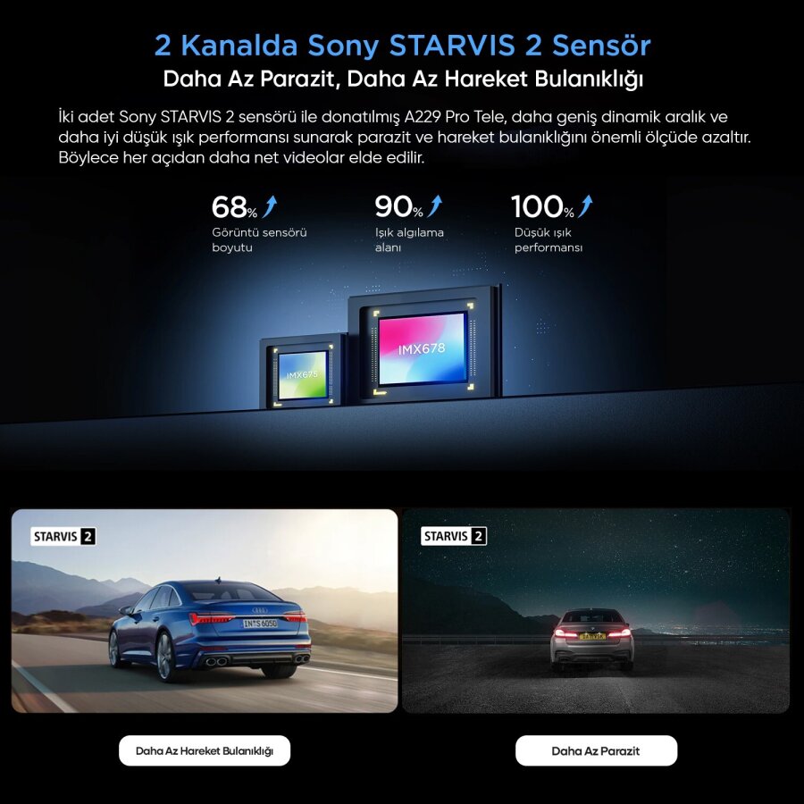Viofo A229 Pro Tele 2 Kanallı Ön+Telefoto 4K+2K HDR Sony STARVIS 2 Sensör GPS'li Araç Kamerası - 3