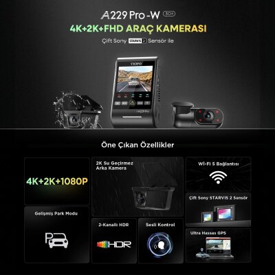 Viofo A229 Pro W 3 Kameralı Ön+Arka Su Geçirmez+İç 4K+2K+1080P Sony STARVIS 2 Sensör GPS'li Araç Kamerası - 2