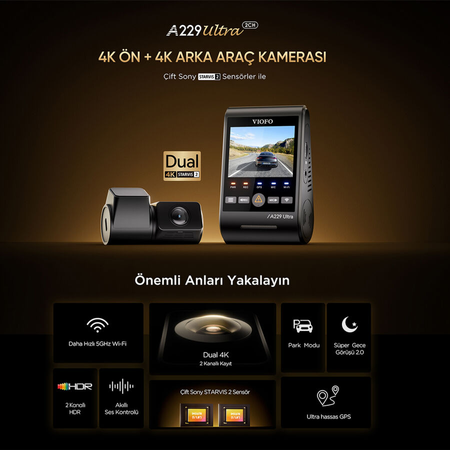 Viofo A229 Ultra 2 Kameralı Ön ve Arka 4K+4K Sony Starvis 2 Sensörlü Dual HDR Wi-Fi 6 GPS'li Araç Kamerası - 2
