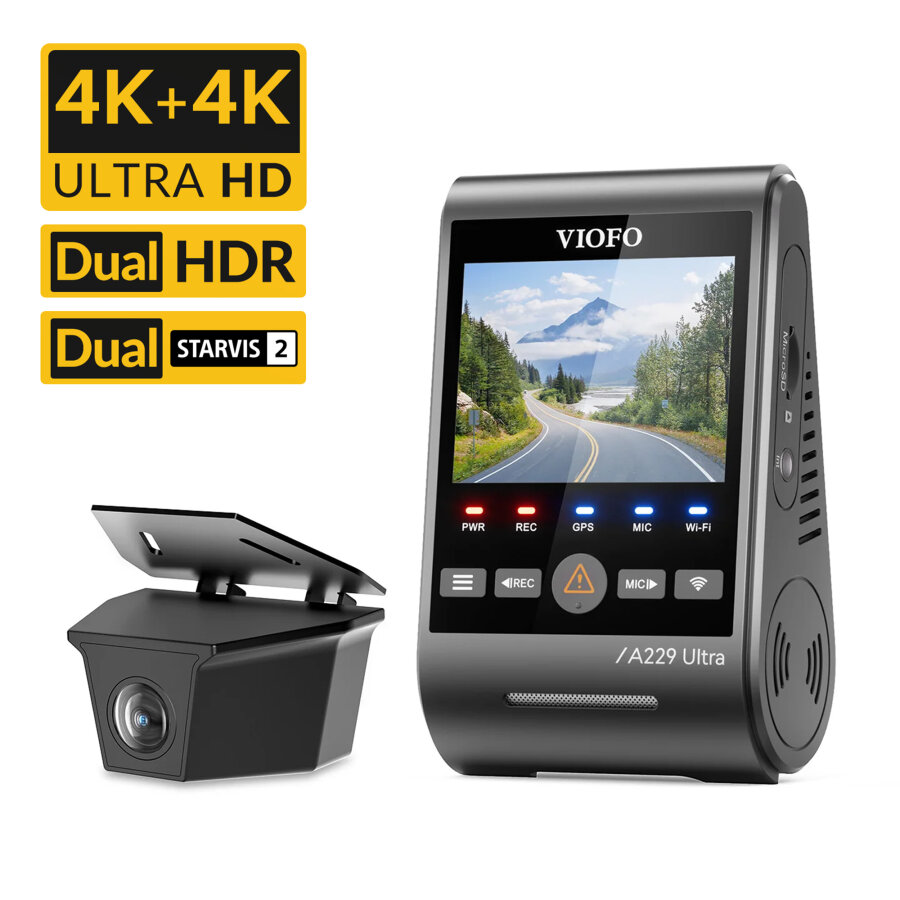 Viofo A229 Ultra 2 Kameralı Ön ve Arka Dış Su Geçirmez 4K+4K Sony Starvis 2 Sensörlü Dual HDR Wi-Fi 6 GPS'li Araç Kamerası - 1