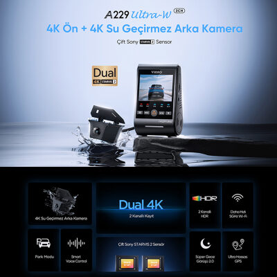 Viofo A229 Ultra 2 Kameralı Ön ve Arka Dış Su Geçirmez 4K+4K Sony Starvis 2 Sensörlü Dual HDR Wi-Fi 6 GPS'li Araç Kamerası - 2