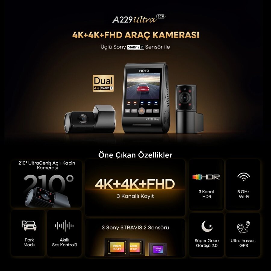 Viofo A229 Ultra 3 Kameralı Ön+İç+Arka 4K+4K+1080P Sony Starvis 2 Sensörlü HDR Wi-Fi 6 GPS'li Araç Kamerası - 8