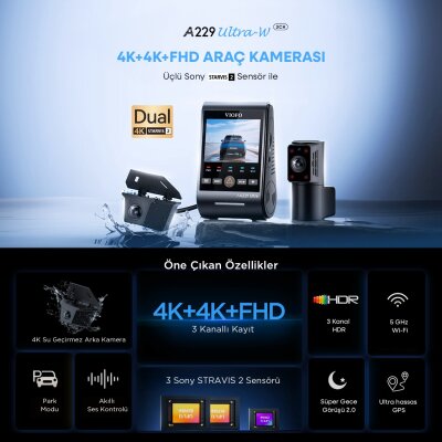 Viofo A229 Ultra 3 Kameralı Ön+İç+Arka Dış Su Geçirmez 4K+4K+1080P Sony Starvis 2 Sensörlü HDR Wi-Fi 6 GPS'li Araç Kamerası - 6