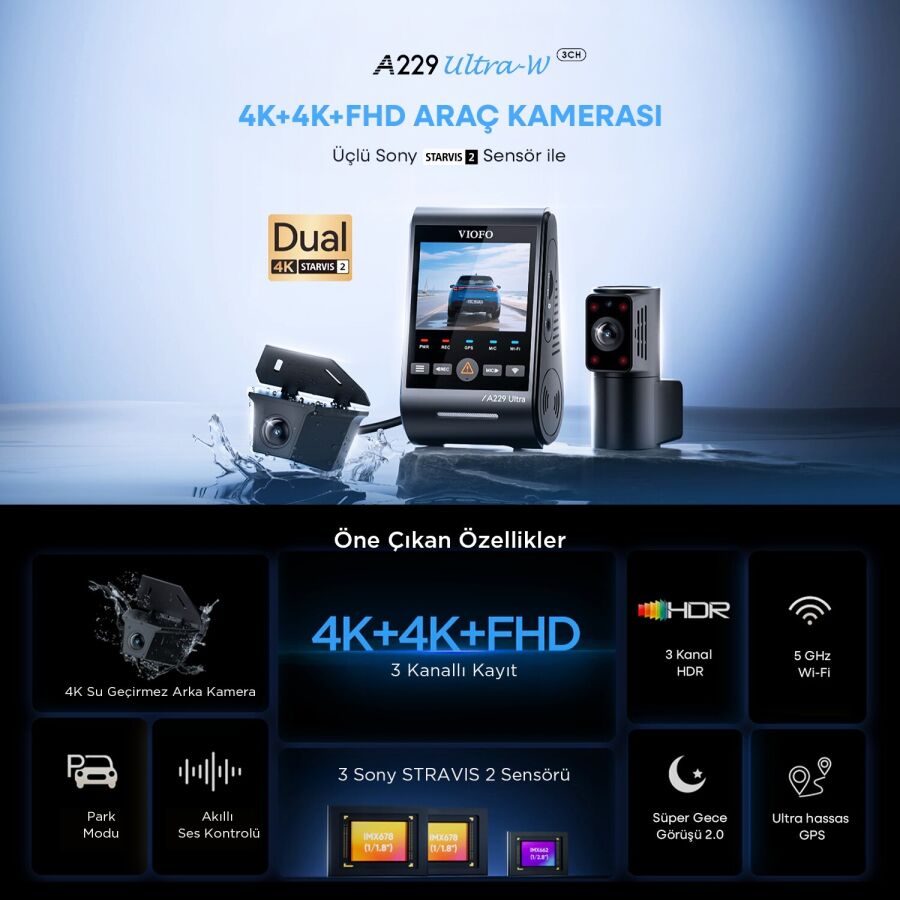 Viofo A229 Ultra 3 Kameralı Ön+İç+Arka Dış Su Geçirmez 4K+4K+1080P Sony Starvis 2 Sensörlü HDR Wi-Fi 6 GPS'li Araç Kamerası - 6