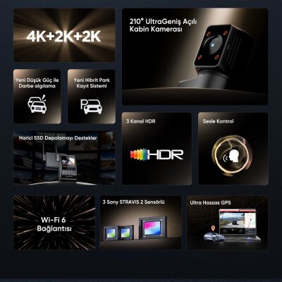 Viofo A329S 3 Kameralı Ön+Arka+İç 4K+2K+2K Wi-Fi 6 HDR Sony STARVIS 2 Sensör GPS'li SSD Destekli Araç Kamerası - 5