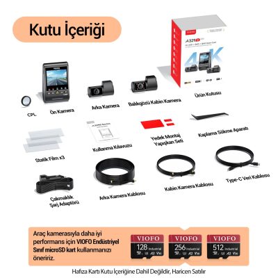 Viofo A329S 3 Kameralı Ön+Arka+İç 4K+2K+2K Wi-Fi 6 HDR Sony STARVIS 2 Sensör GPS'li SSD Destekli Araç Kamerası - 7
