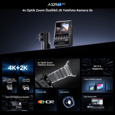 Viofo A329T 2 Kameralı Ön+Telefoto 4K 60FPS+2K Wi-Fi 6 HDR Sony STARVIS 2 Sensör GPS'li SSD Destekli Araç Kamerası - 6