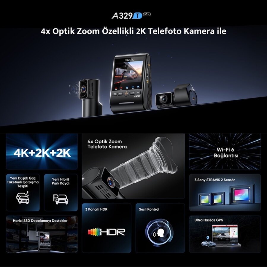 Viofo A329T 3 Kameralı Ön+Telefoto+Arka 4K+2K+2K Wi-Fi 6 HDR Sony STARVIS 2 Sensör GPS'li SSD Destekli Araç Kamerası - 2