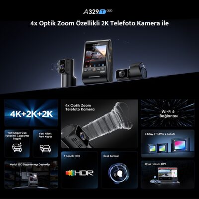 Viofo A329T 3 Kameralı Ön+Telefoto+Arka 4K+2K+2K Wi-Fi 6 HDR Sony STARVIS 2 Sensör GPS'li SSD Destekli Araç Kamerası - 2