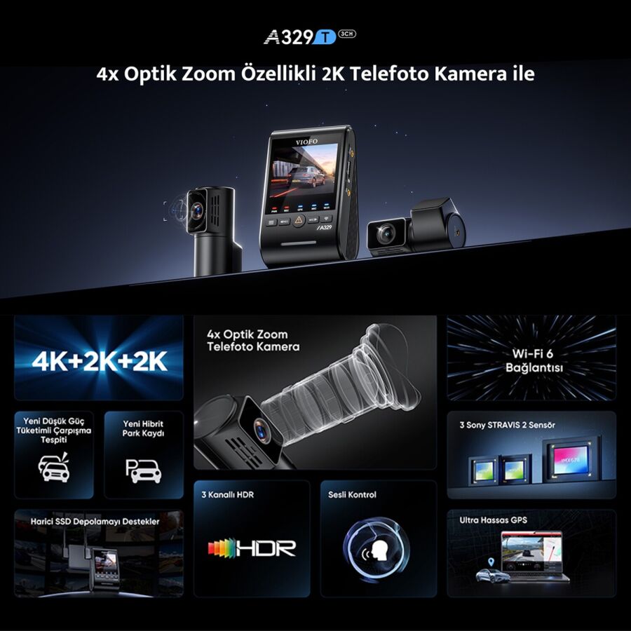 Viofo A329T 3 Kameralı Ön+Telefoto+Arka 4K+2K+2K Wi-Fi 6 HDR Sony STARVIS 2 Sensör GPS'li SSD Destekli Araç Kamerası - 2