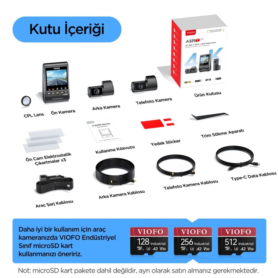 Viofo A329T 3 Kameralı Ön+Telefoto+Arka 4K+2K+2K Wi-Fi 6 HDR Sony STARVIS 2 Sensör GPS'li SSD Destekli Araç Kamerası - 9