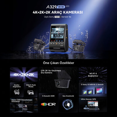 Viofo A329WW 3 Kanal 4K Ön Çift 2K IP67 Su Geçirmez Dış Kamera Sony STARVIS 2 HDR WiFi 6 GPS Kamyon Tır Araç Kamerası - 2