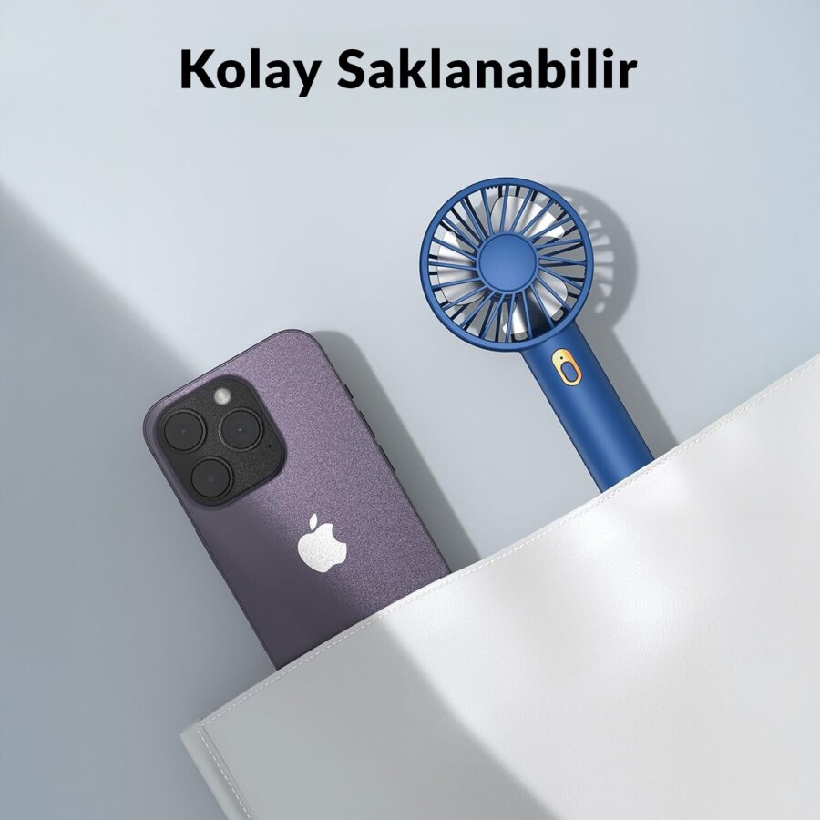 Warmco K30 Taşınabilir Şarjlı Mini El Vantilatörü 1800mAh 3 Kademeli Standlı Soğutucu Fan Lacivert - 6