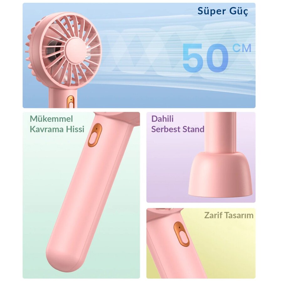 Warmco K30 Taşınabilir Şarjlı Mini El Vantilatörü 1800mAh 3 Kademeli Standlı Soğutucu Fan Pembe - 2