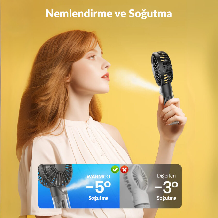 Warmco K31 Su Püskürtmeli Şarjlı El Vantilatörü Taşınabilir Masaüstü Standlı 3 Kademeli Serinletici Mini Soğutucu Fan Siyah - 4