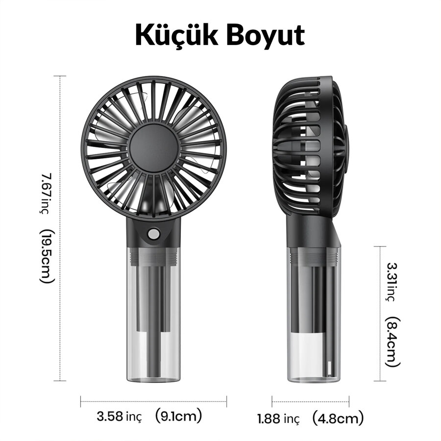 Warmco K31 Su Püskürtmeli Şarjlı El Vantilatörü Taşınabilir Masaüstü Standlı 3 Kademeli Serinletici Mini Soğutucu Fan Siyah - 9