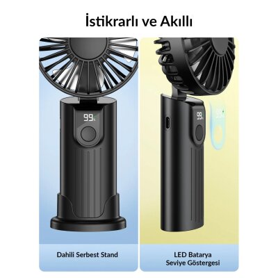 Warmco K38 Ekranlı 4 Kademeli El Vantilatörü 2400mAh Şarjlı Taşınabilir Katlanabilir Standlı Boyun Askılı Soğutucu Fan Pembe - 4