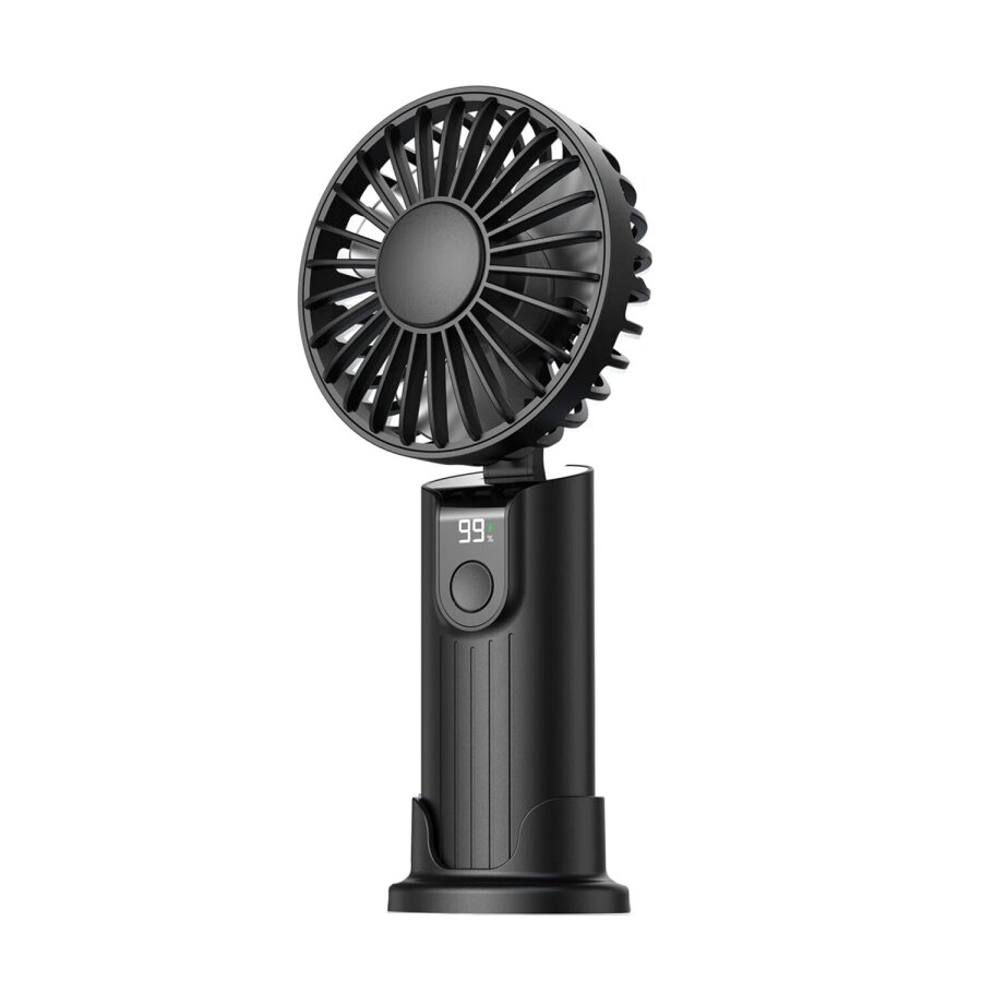 Warmco K38 Ekranlı 4 Kademeli El Vantilatörü 5000mAh Şarjlı Taşınabilir Katlanabilir Standlı Boyun Askılı Soğutucu Fan Siyah - 1