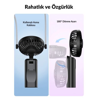 Warmco K38 Ekranlı 4 Kademeli El Vantilatörü 5000mAh Şarjlı Taşınabilir Katlanabilir Standlı Boyun Askılı Soğutucu Fan Siyah - 5