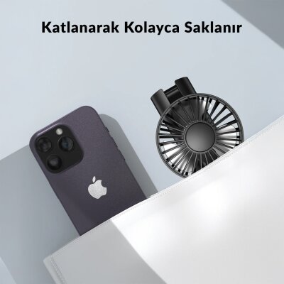 Warmco K38 Ekranlı 4 Kademeli El Vantilatörü 5000mAh Şarjlı Taşınabilir Katlanabilir Standlı Boyun Askılı Soğutucu Fan Siyah - 7