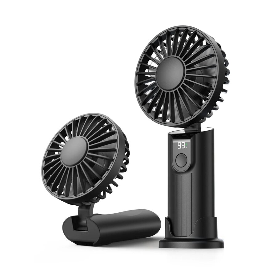 Warmco K38 Ekranlı 4 Kademeli El Vantilatörü 5000mAh Şarjlı Taşınabilir Katlanabilir Standlı Boyun Askılı Soğutucu Fan Siyah - 8