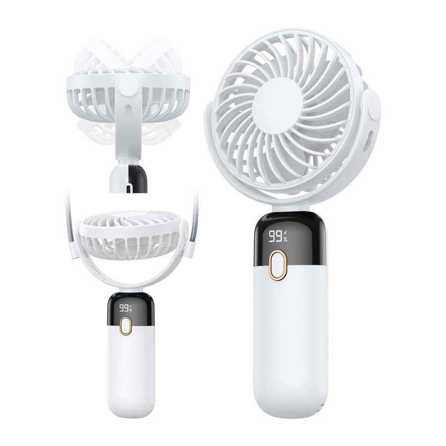 Warmco K70 Taşınabilir Şarjlı El Vantilatörü 2400mAh 360° Döner Başlıklı ve Standlı Dijital Ekranlı Soğutucu Fan Beyaz - 2