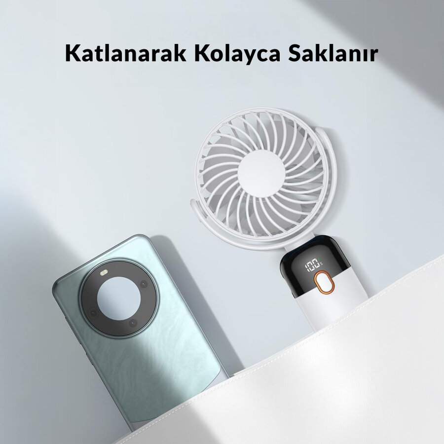 Warmco K70 Taşınabilir Şarjlı El Vantilatörü 2400mAh 360° Döner Başlıklı ve Standlı Dijital Ekranlı Soğutucu Fan Beyaz - 5